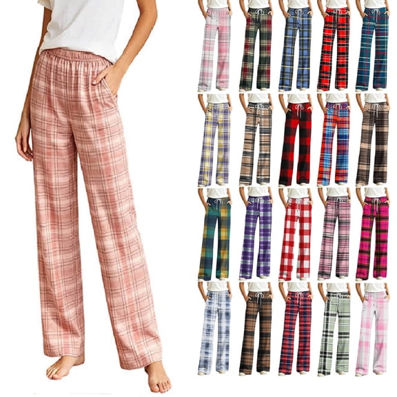 Hvogkswy Cotton Pajama Pants Women, Loose Straight Elastic High Waist Lounge Pants Thin Comfy Plaid Home Pajama Pants with Pockets