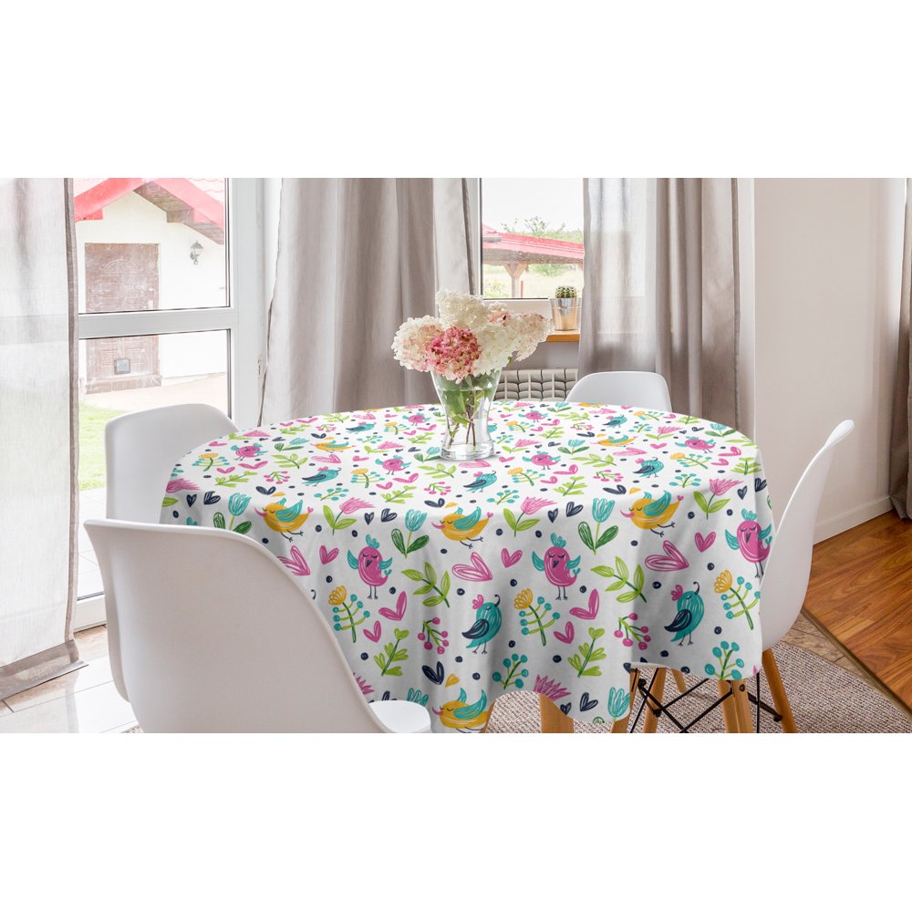 Doodle Round Tablecloth, Funny Habitat Nursery Concept with Pleasant