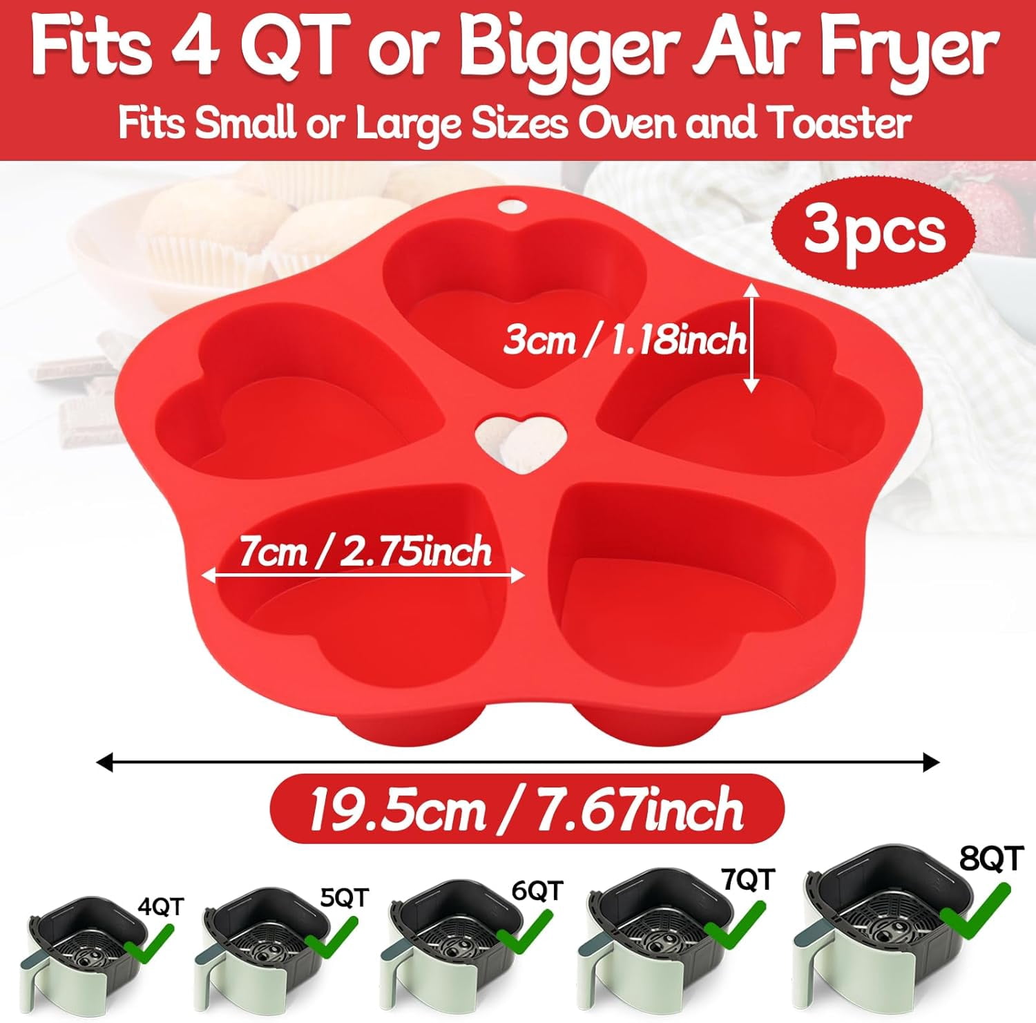 JJEAN-3 Pieces Silicone Air Fryer Muffin Pan Egg Bite Heart Mold for Oven Baking,Mini Muffin Tins Cups Cake Tray for Air Fryer Liners Basket Instant Pot Accessories Baking Muffin Cakes Pancake