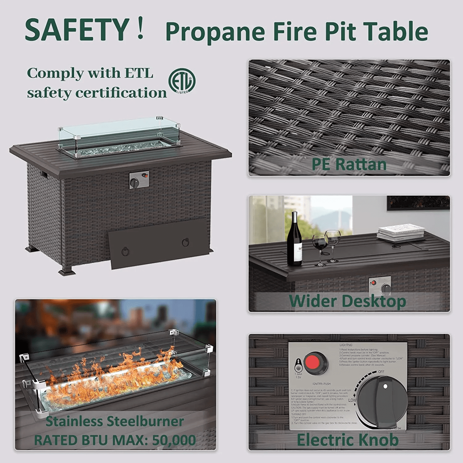 43.3" Rattan Propane Fire Pit Table - Auto-Ignition 55,000 BTU Rectangle Gas Fire Table with Windshield & Weather Cover, Outdoor Heater for Patio Garden ,Brown