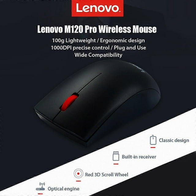 Lenovo M120 Pro 2.4GHz Wireless Laptop Mouse with USB Receiver, Ergonomic Lightweight Optical Wireless Mouse for Laptop, PC, Mac, Office/Home