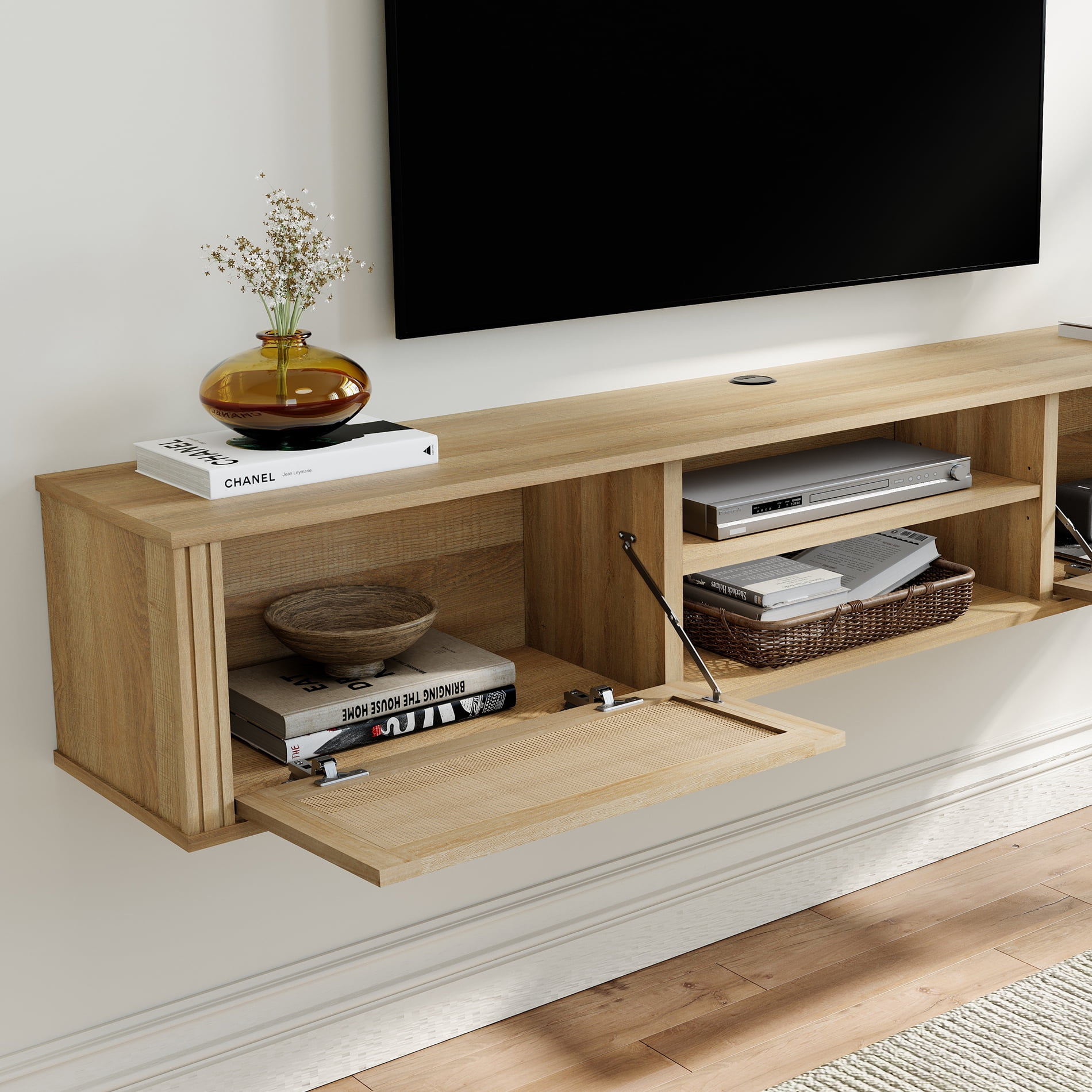 Floating TV Stand with Power Outlet and Rattan Doors，Oak