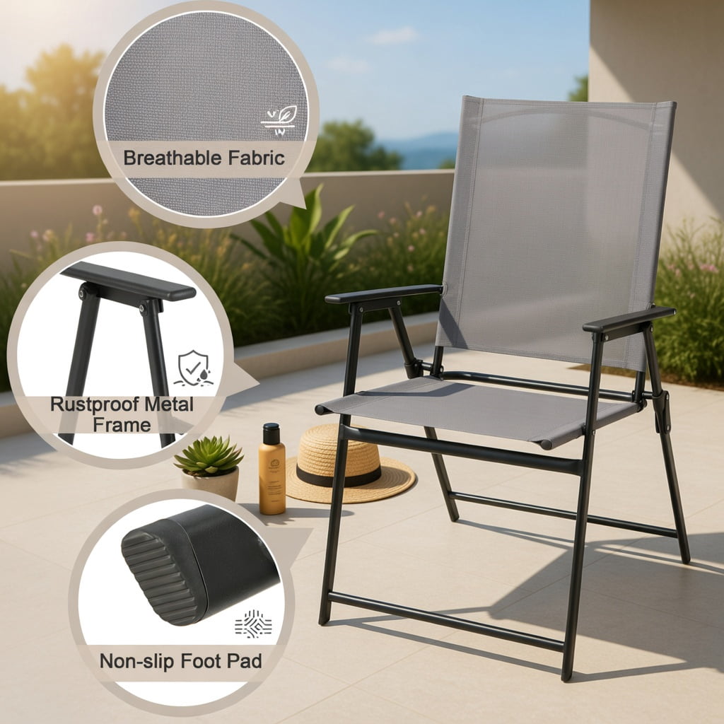 Hommoo 2-Pack Foldable Patio Chairs with Armrests, Heavy-Duty Metal Outdoor Chairs for Deck, Garden, Backyard & Camping, Gray