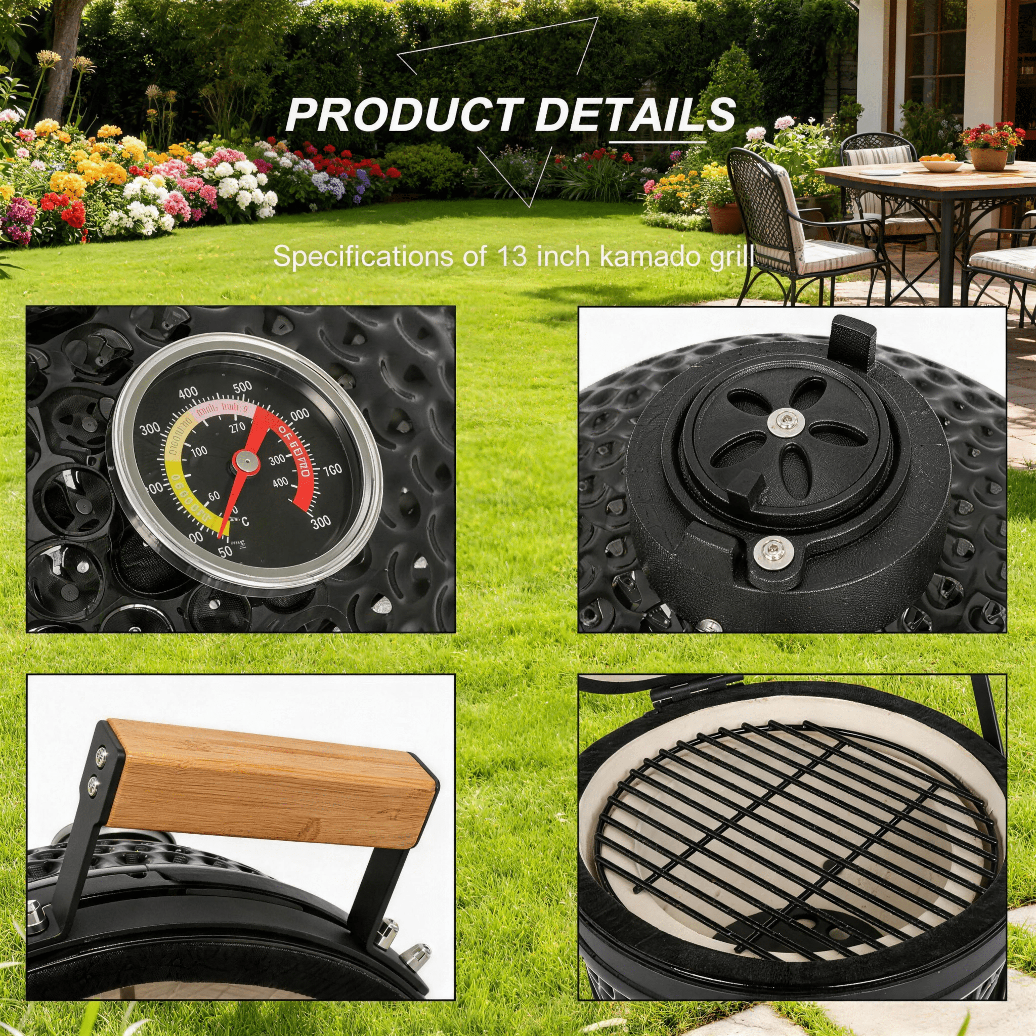 LODZPK 13in Round Ceramic Charcoal Grill Black, 50-800°F Heat Retention for Grilling Smoking