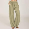 thumbnail image 2 of UVEASISHA Linen Pants for Women Solid Casual Palazzo Pants with Side Split Baggy Comfy Summer Lounge Pants Khaki M, 2 of 10
