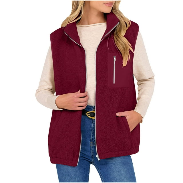 Plebaso Veste Sans Manches pour Femmes à Fermeture Éclair, Col Montant, Veste Duveteuse en Molleton pour Femmes avec Poches