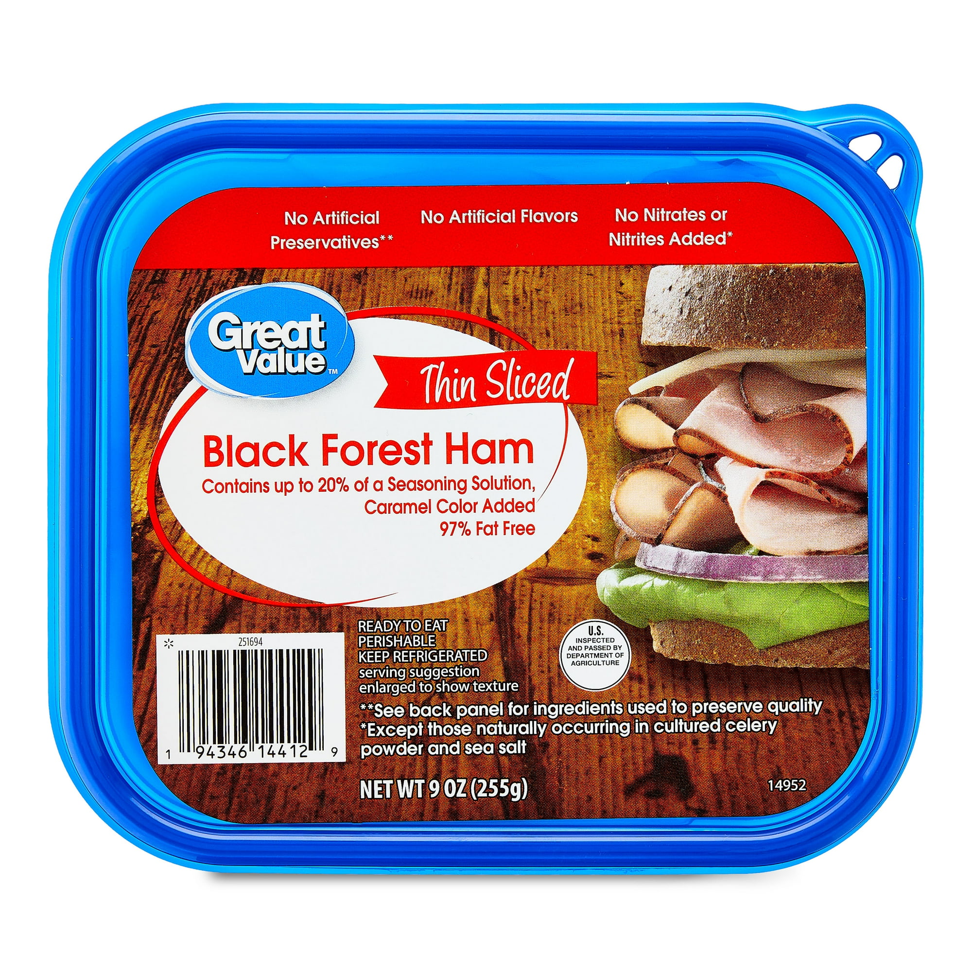 Great Value Black Forest Ham Lunchmeat, 9 oz Plastic Tub, 10 Grams of Protein Per 2oz Serving