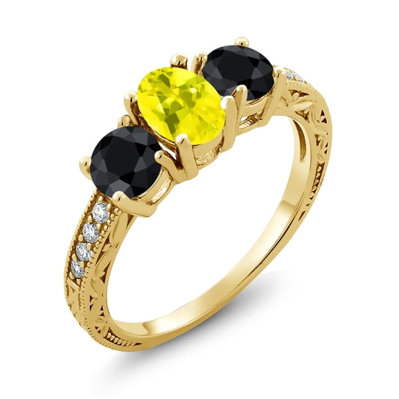 Gem Stone King 2.30 Ct Oval Canary Mystic Topaz Black Sapphire 18K Yellow Gold Plated Silver Moissanite Ring (Size 7)