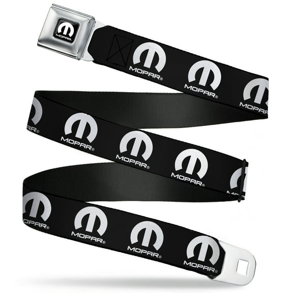 Mopar Belt, Seatbelt Buckle Belt, Mopar Logo Repeat Black White, 30 to 44 Inches