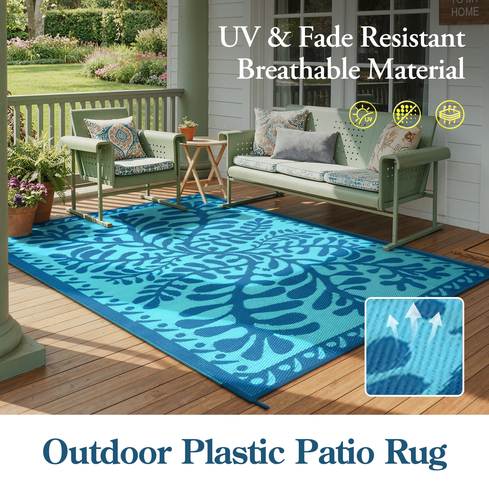 SUNDEREY 6’X9’Outdoor Rug for Patio,Waterproof Beach Mats, Seaweed Pattern Plastic Straw Outdoor Rugs for RV Patio Deck Beach Porch Backyard,Blue