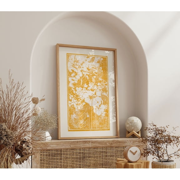 Mustard Yellow Vintage Floral Lithograph Wall Art, Cottagecore Farmhouse Decor, Antique Dutch Lithography Art Prints, Poster, Unframed Poster Size 8x12