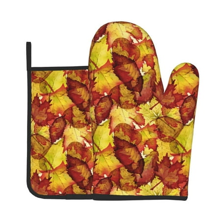 

Jgfou Autumn Mosaic Maple Leaves Pattern Oven Mitts and Pot Holders Sets Heat Resistant Oven Mittens Soft Lining Extra Thicken Long Kitchen Cotton Oven Glove for Cooking