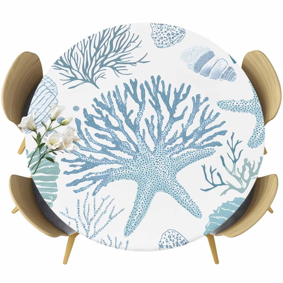 Summer Ocean Life Round Fitted Table Cover Marine Coral Starfish Line Art Waterproof Table Cloth with Elastic Edge Wipeable Tablecloth for Picnic Camping Party Fits 55"-60" Diameter