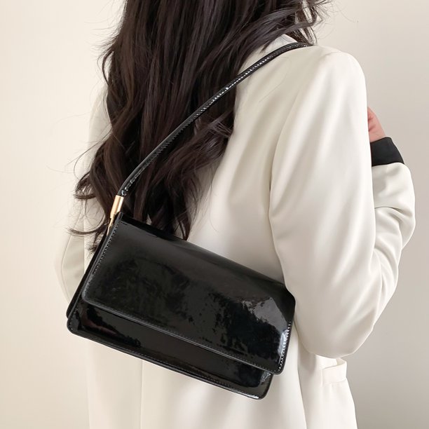 Bolso De Hombro Bolso vagabundo para mujer PU con brillo láser en las axilas con solapa para regalo de cumpleaños (negro)