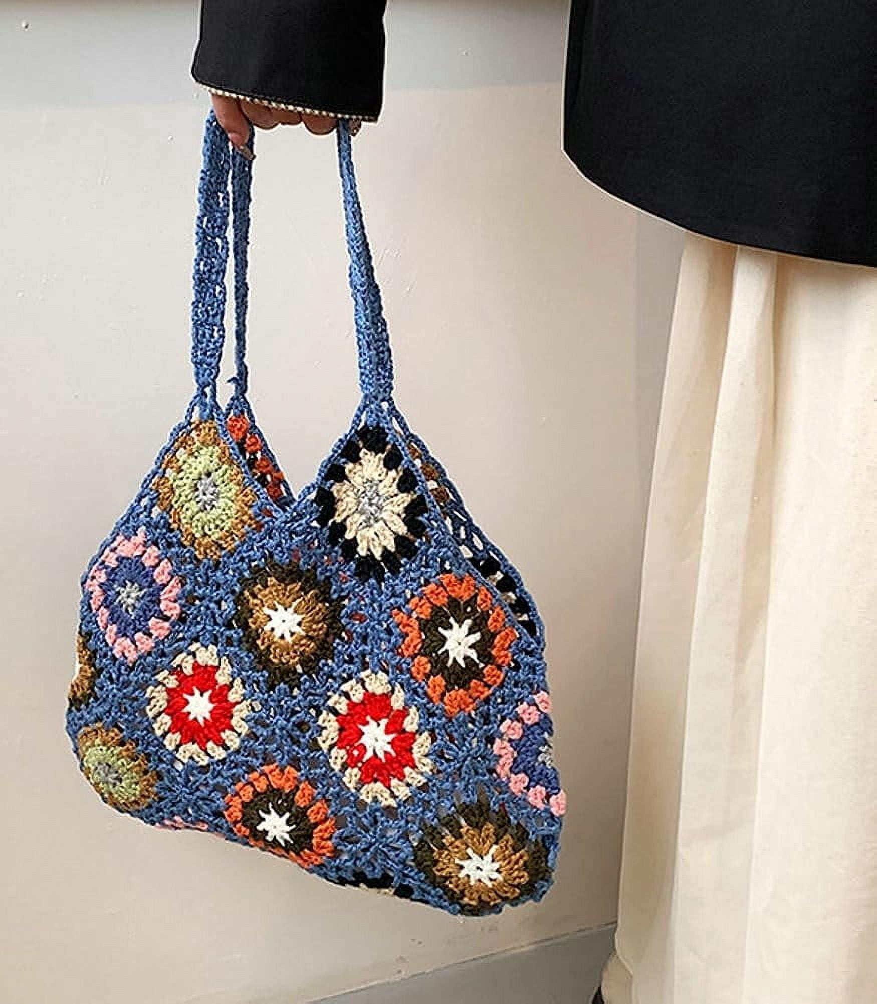 Kukuzhu Cute Floral Knitted Shoulder Bag Women Aesthetic Fairy Y2k Hobo Bag Crochet Small Hand Woven Beach Mesh Tote Purse