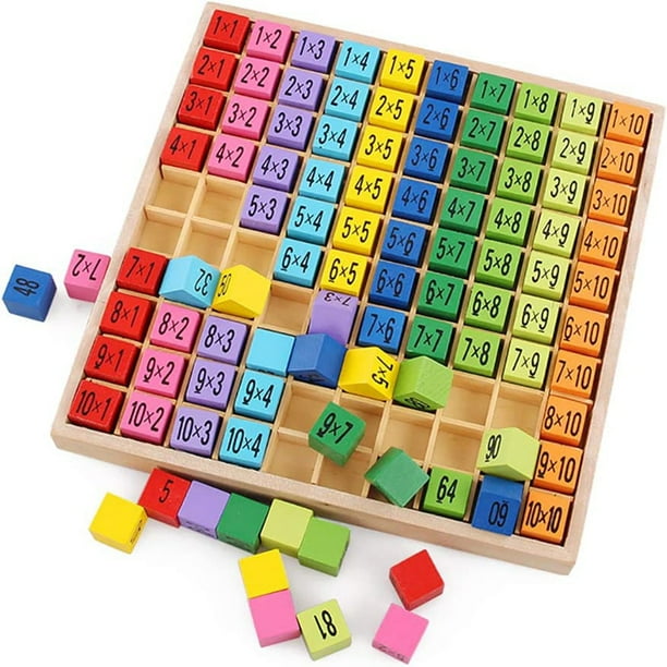 Tablero de multiplicación de arcoíris de madera, bandeja de aprendizaje de multiplicación con bloques de construcción, tabla de multiplicación de libro de texto de matemáticas Montessori, juguetes de