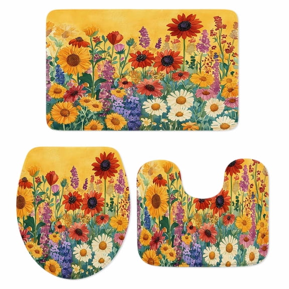 Colorful Sunflower Bath Mat 3 Piece Bathroom Rug Set, Farmhouse Botanical Floral Non Slip Bath Rug Contour Mat and Toilet Lid Cover, Absorbent Shower Mats Soft Bath Rugs and Mats Sets