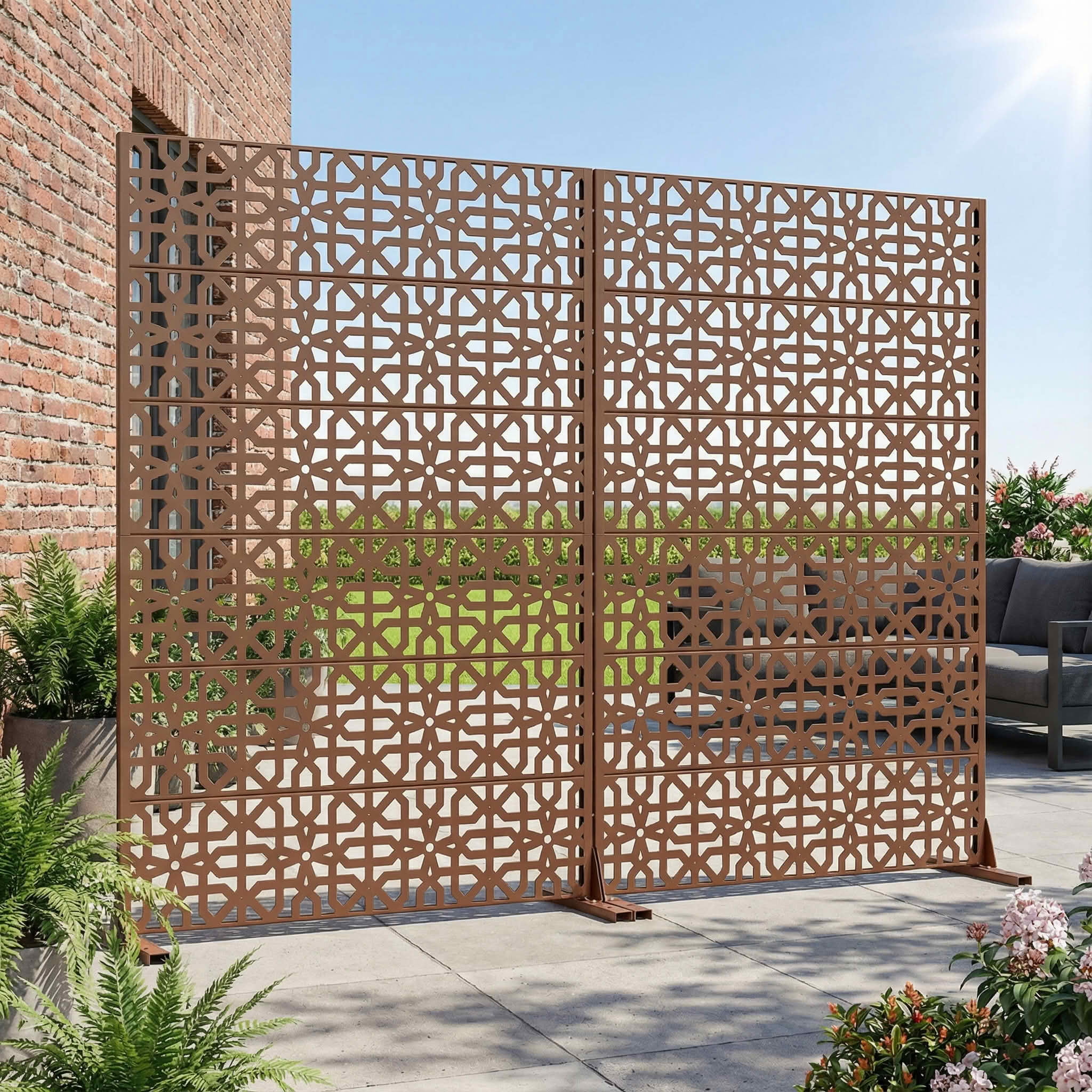 MAYEERTY 72x47x16 Inch Brown Perilla Rectangular Galvanized Steel Privacy Screen, 6 Piece Double Sided Set for Outdoor Garden