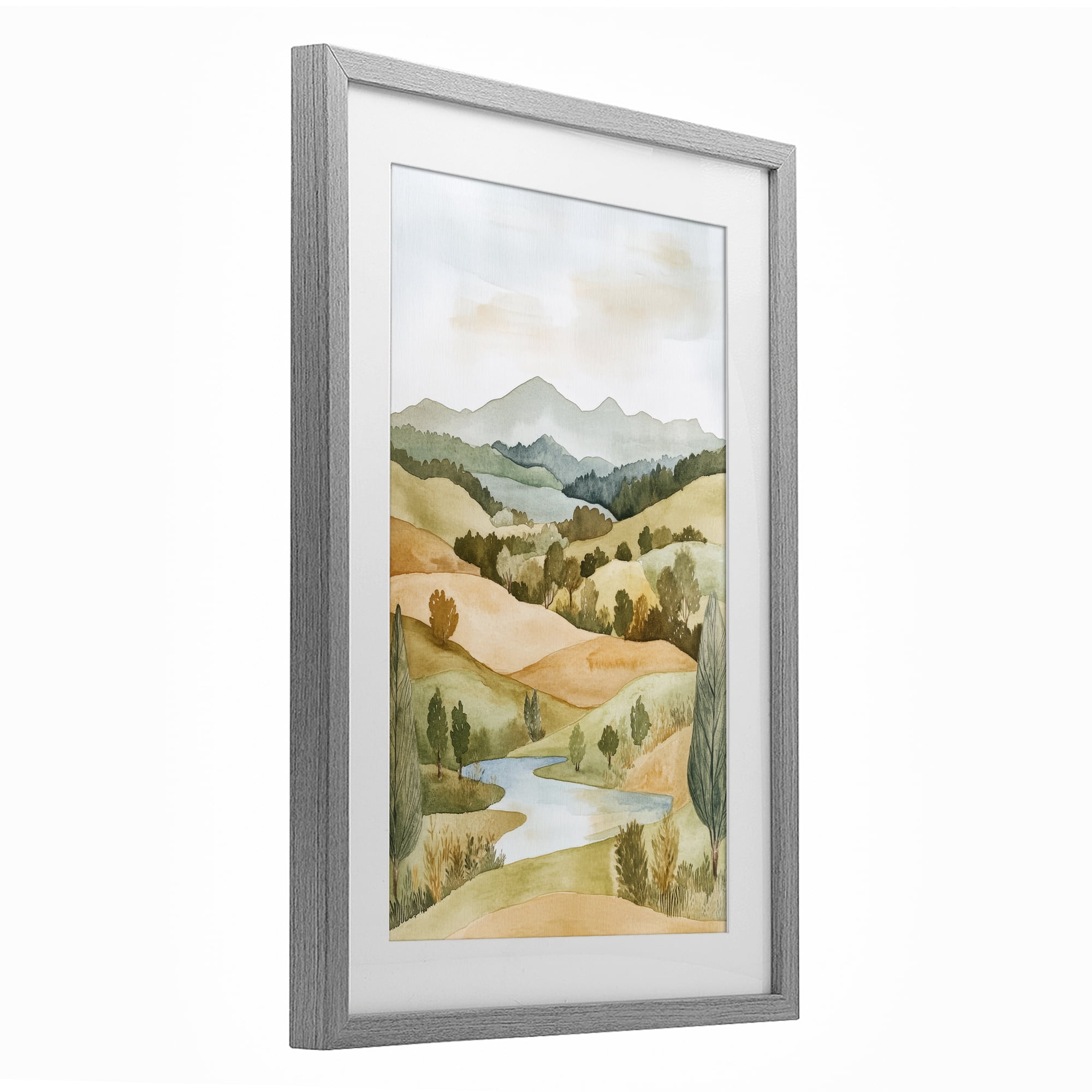 Stupell Industries Watercolor Hills & Tranquil Valley Gray Framed Print Under Glass, design by Petal Prints Design