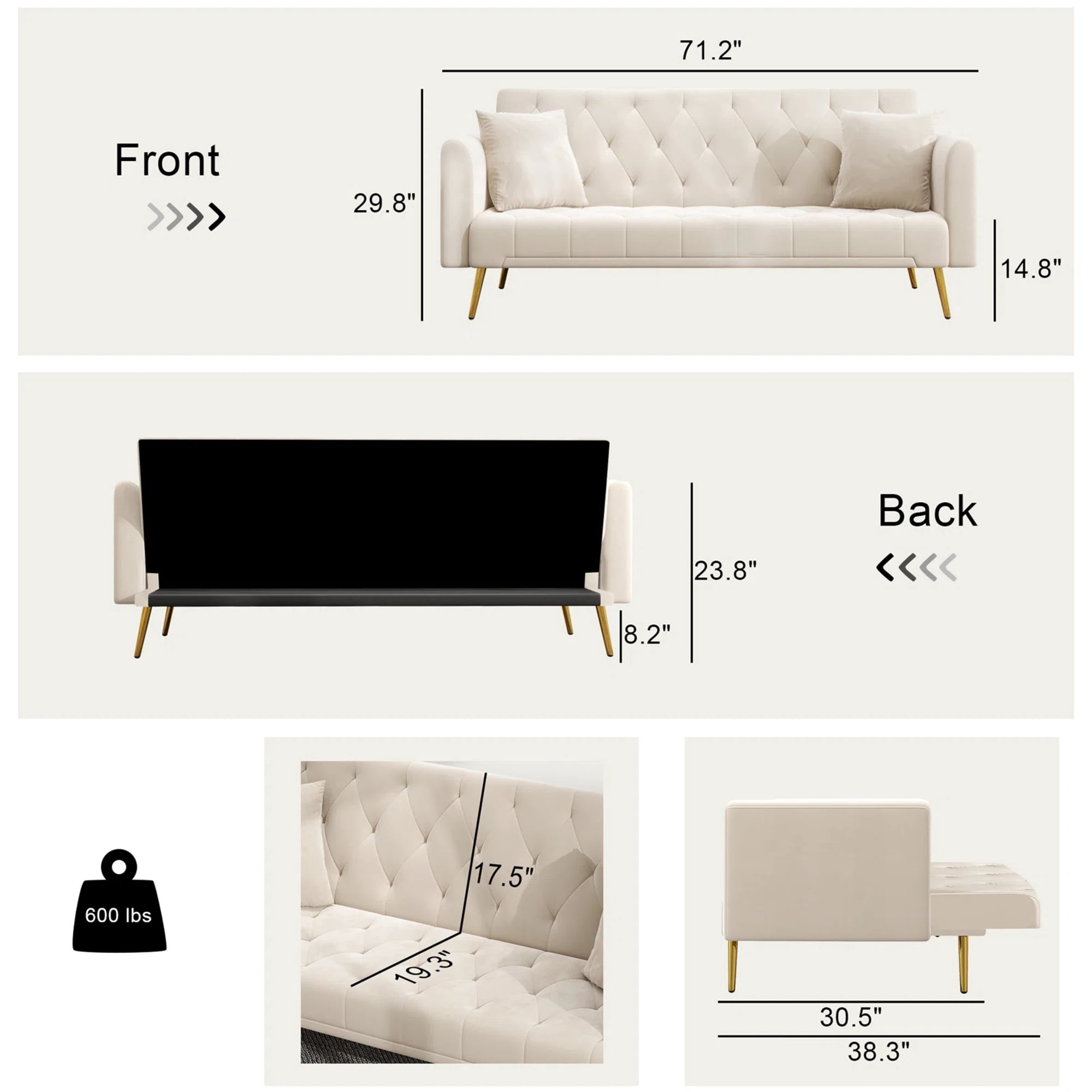 Aukfa Curved Arm Futon Convertible Sofa Bed for Home Office, 2 Pillows, Tufted Back, Velvet, Beige