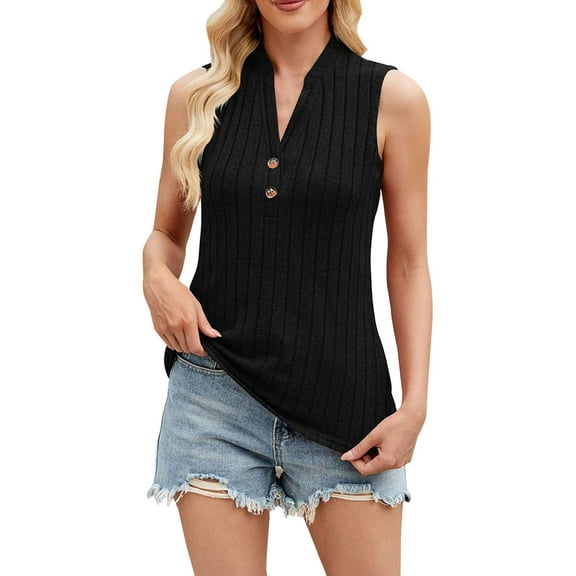 Tiqkatyck Tank Tops for Women Trendy Women's 2025 Spring New Chic V Neck Casual Sleeveless Solid Color Knitted Vest Women's Short Sleeve T Shirt Sleeveless Tunic Tops Summer Tops for Women Black L