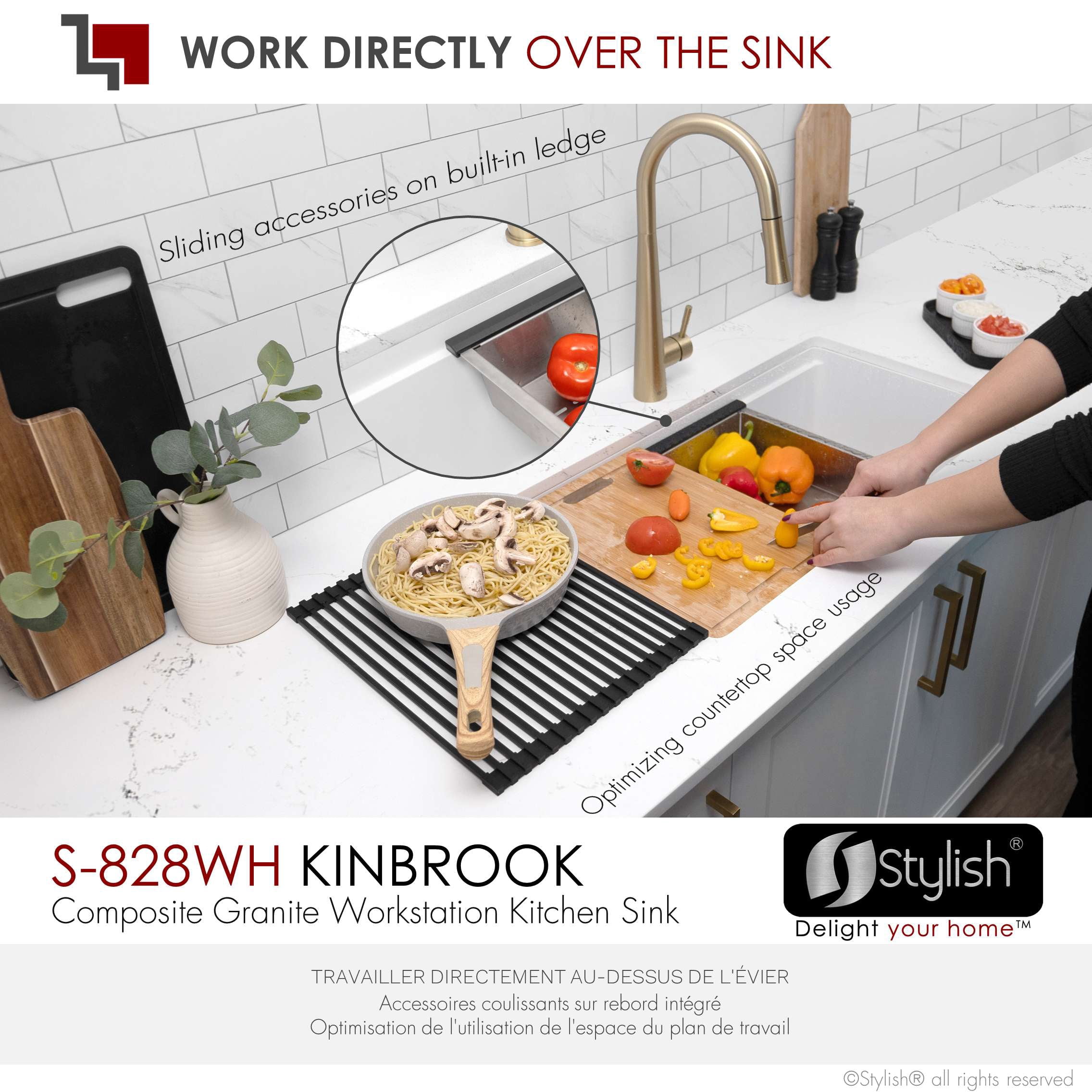 Stylish Dual Mount 28" White Composite Granite Single Bowl Kitchen Sink with 4 accs S-828WH
