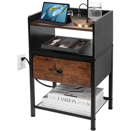 Tall End Table with Charging Station-Raised Baffle Design on The Top,12" W×16" D×24" H,3-Tier Rustic Nightstand with Drawer, End Tables with USB Ports and Outlet, Vintage Bedside Table