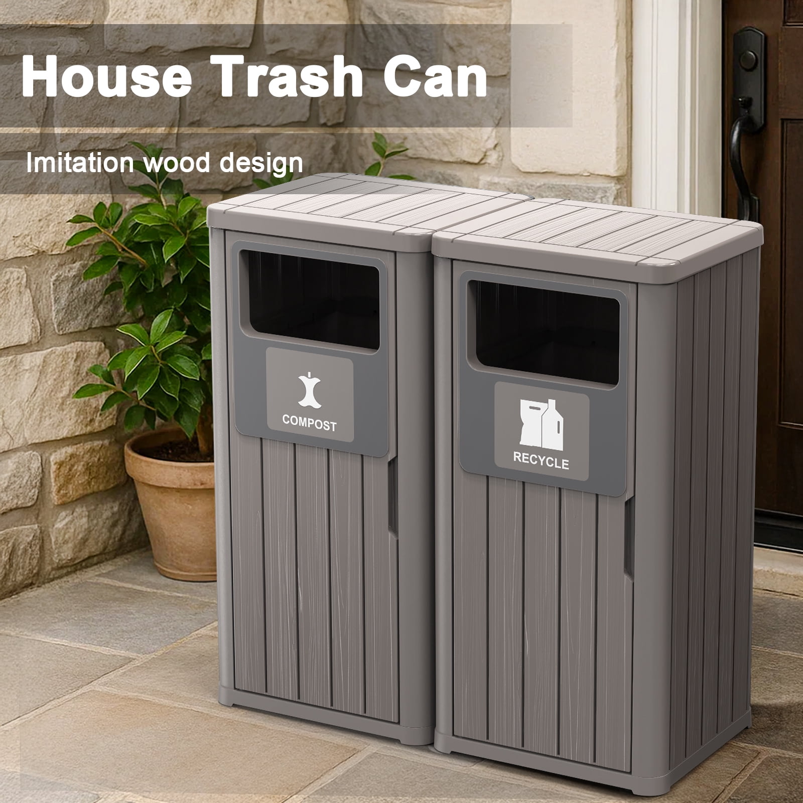 Outdoor Single Barrel Trash Can,Waterproof Resin Garbage Can with Garbage Labels,Durable Waste Bin for Porch, Backyard,Kitchen,for 30 to 39 Gallon Trash Bags（Gray，2)