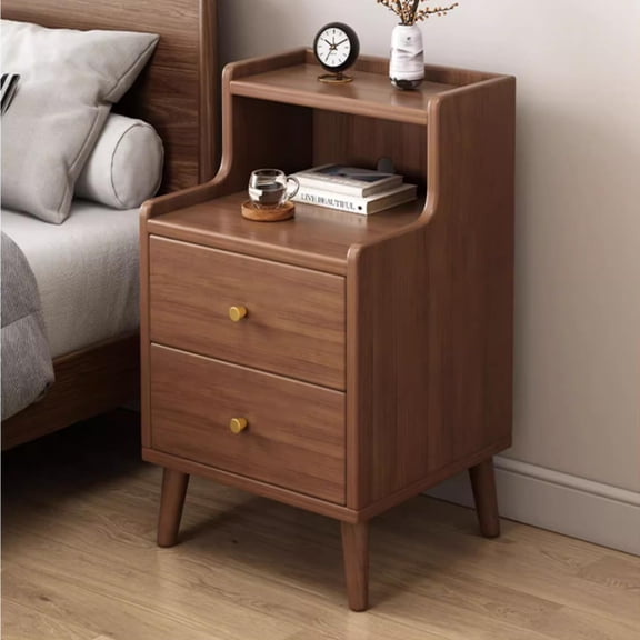 Mid-Century Modern Wood Nightstand With 2 Drawers And Open Shelf In Walunt Finish