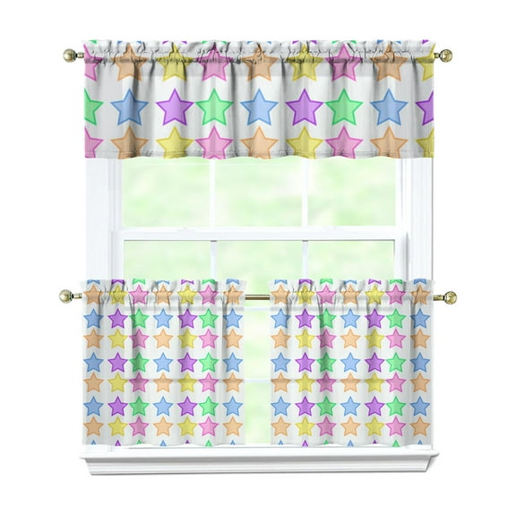 3 PCS Kitchen Curtains Set - Abstract Geometric Boho Tier Curtains with Valance, Semi-Sheer Rainbow Gradient Window Panels, Rod Pocket Farmhouse Caf Drapes (54x18" 2x27.5x24")