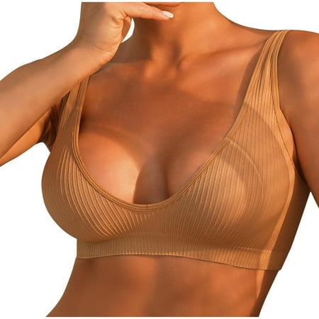Plunge Ribbed Stretch Bras for Woman V Neck Seamless Wirefree Bra Sexy Sports Workout Bra
