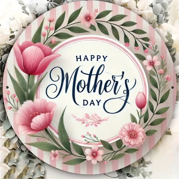 HELLOYOUNG Happy Mother's Day Floral Wreath Iron Metal Wall Art - 8x8 Round Decor Sign for Bar Cafe Kitchen