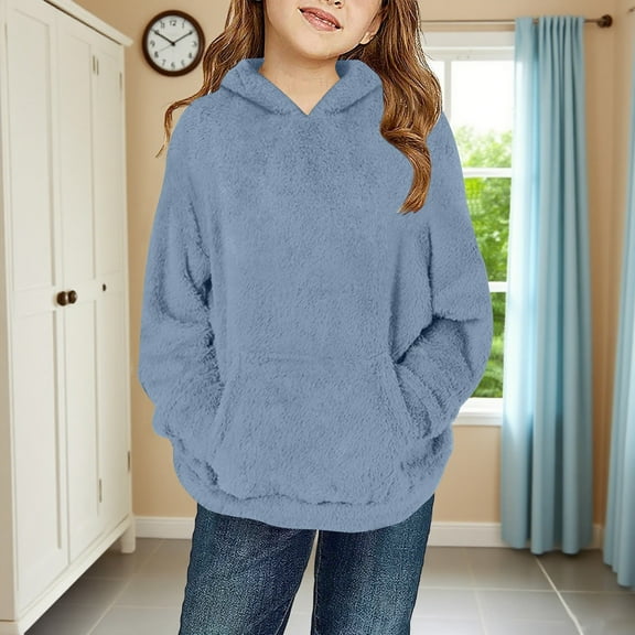 WMTBSRSW Girls Fuzzy Fleece Pajamas Tops Loose Casual Hoodies Pullover with Pocket Fall Winter Comfortable Pjs Tops Gray 9 Years