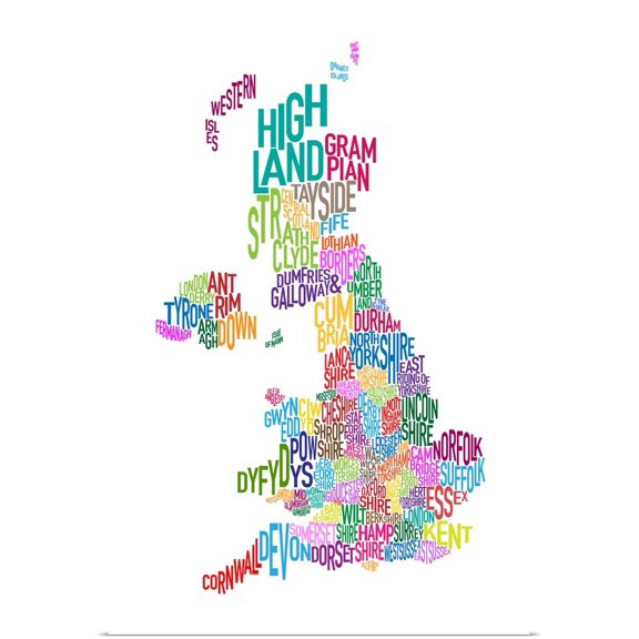 Great BIG Canvas | "UK Map make up of County names - rainbow colors" Art Print - 32x48