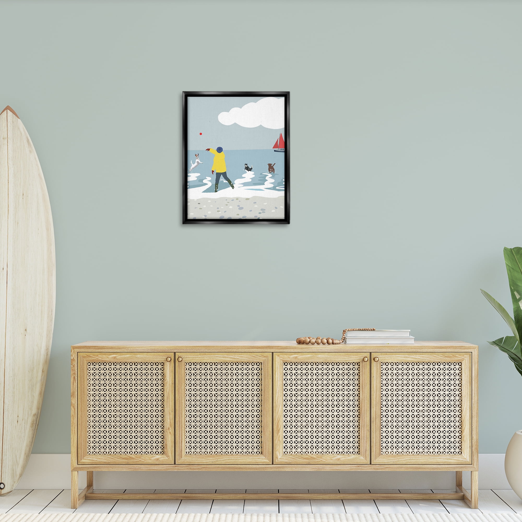 Stupell Industries Catching Ball on Beach Nautical & Beach Painting Black Floater Framed Canvas Art Print Wall Art, 25 x 31