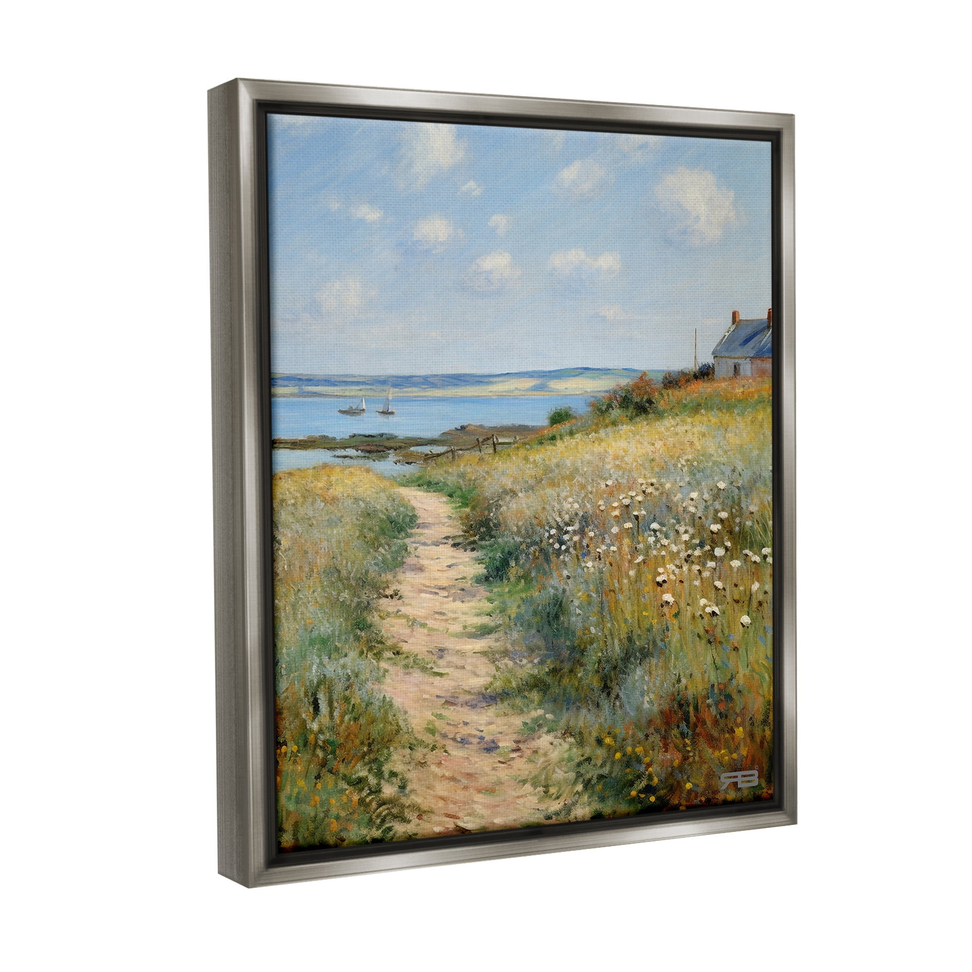 Stupell Industries Coastal Meadow Path Landscape Painting Gray Floater Framed Canvas Art Print Wall Art, 25 x 31