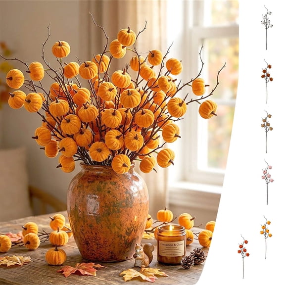Artificial Velvet Pumpkin Pick with Branches Berries, Fake Floral Stems Home Decor, Fall Harvest Floral Arrangement Supply, Fit for Thanksgiving Halloween Table Decor, Brown