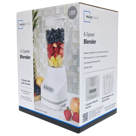 MAINSTAYS 6-SPEED BLENDER WITH 48 OZ JAR AND 500W MOTOR, ARCTIC WHITE
