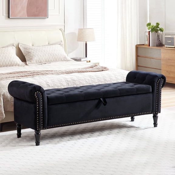 BaseBeauty 67" Storage Bench for Bedroom, Upholstered Storage Bench with Arms, Tufted Black Bench for Bedroom, Velvet Black