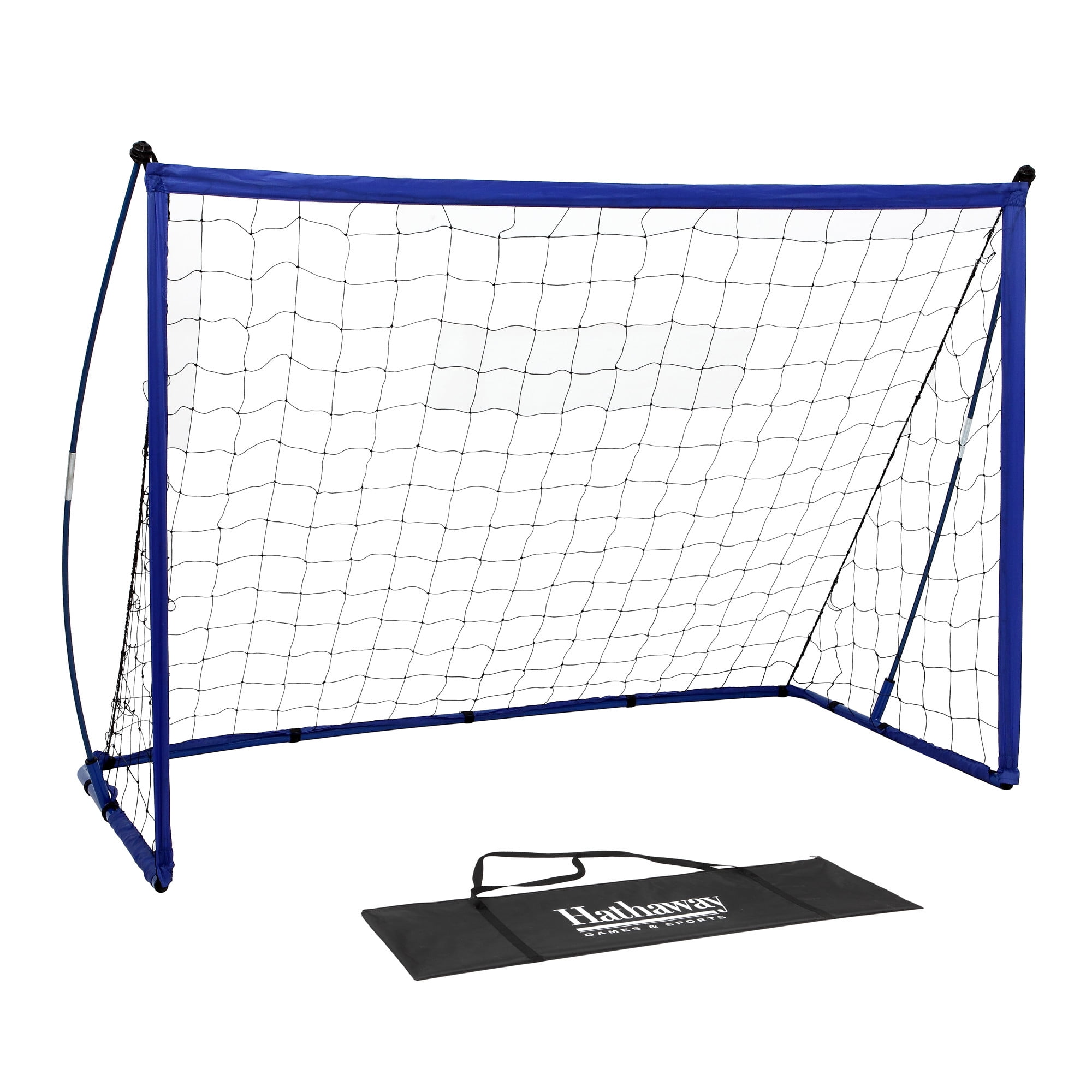 Striker Portable Soccer Goal System with Black Net and Royal Blue Trim, Ground Stakes and Carry