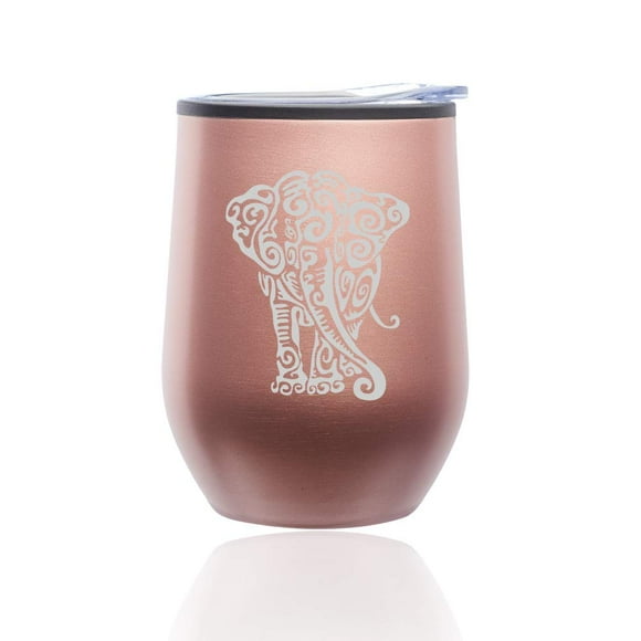 Stemless Wine Tumbler Coffee Travel Mug Glass with Lid Tribal Elephant (Rose Gold)