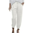 thumbnail image 4 of VSSSJ Women's Cotton and Linen Pants Regular Fit Solid Color Drawstring Elastic Waist Straight Long Pants Casual Comfortable Soft Trousers White L, 4 of 9