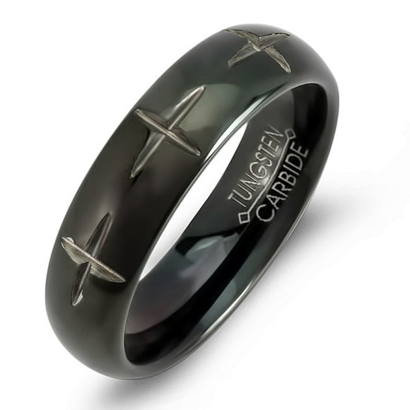 Tungsten Unisex Wedding Band Black Plated Dome Faceted 3 star Cross Comfort Fit(Available Sizes 8 to 12)