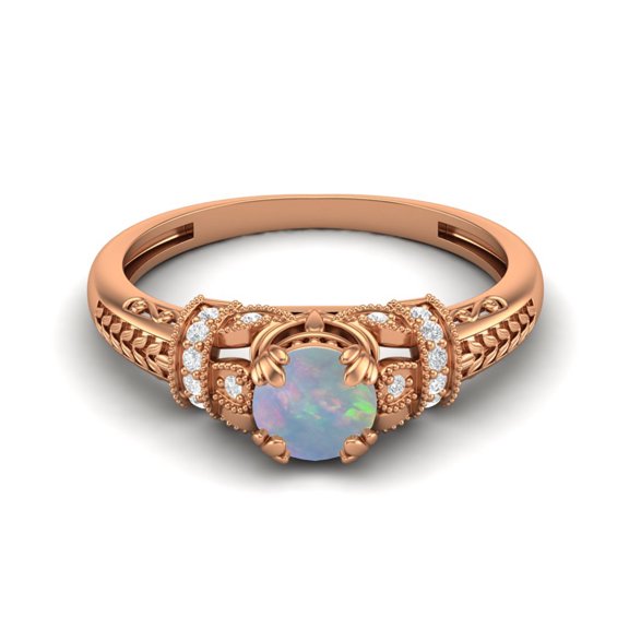 5 MM Round Shape Natural Opal 925 Silver Rose Plated Valentines Day Gifts Blossom Design Ring