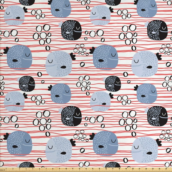 Cartoon Fabric by the Yard, Happy Pattern Fish and Bubbles on Stripes, Upholstery Fabric for Dining Chairs Home Decor Accents, Pink Blue Grey by Ambesonne