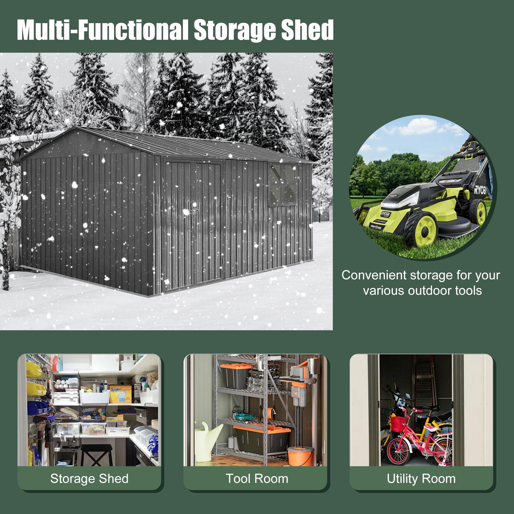 Aukfa 10 x 12FT Outdoor Storage Shed with Lockable Door, Metal Garden Tool Shed with Window & Sloped Roof for Backyard, Patio and Backyard, Gray