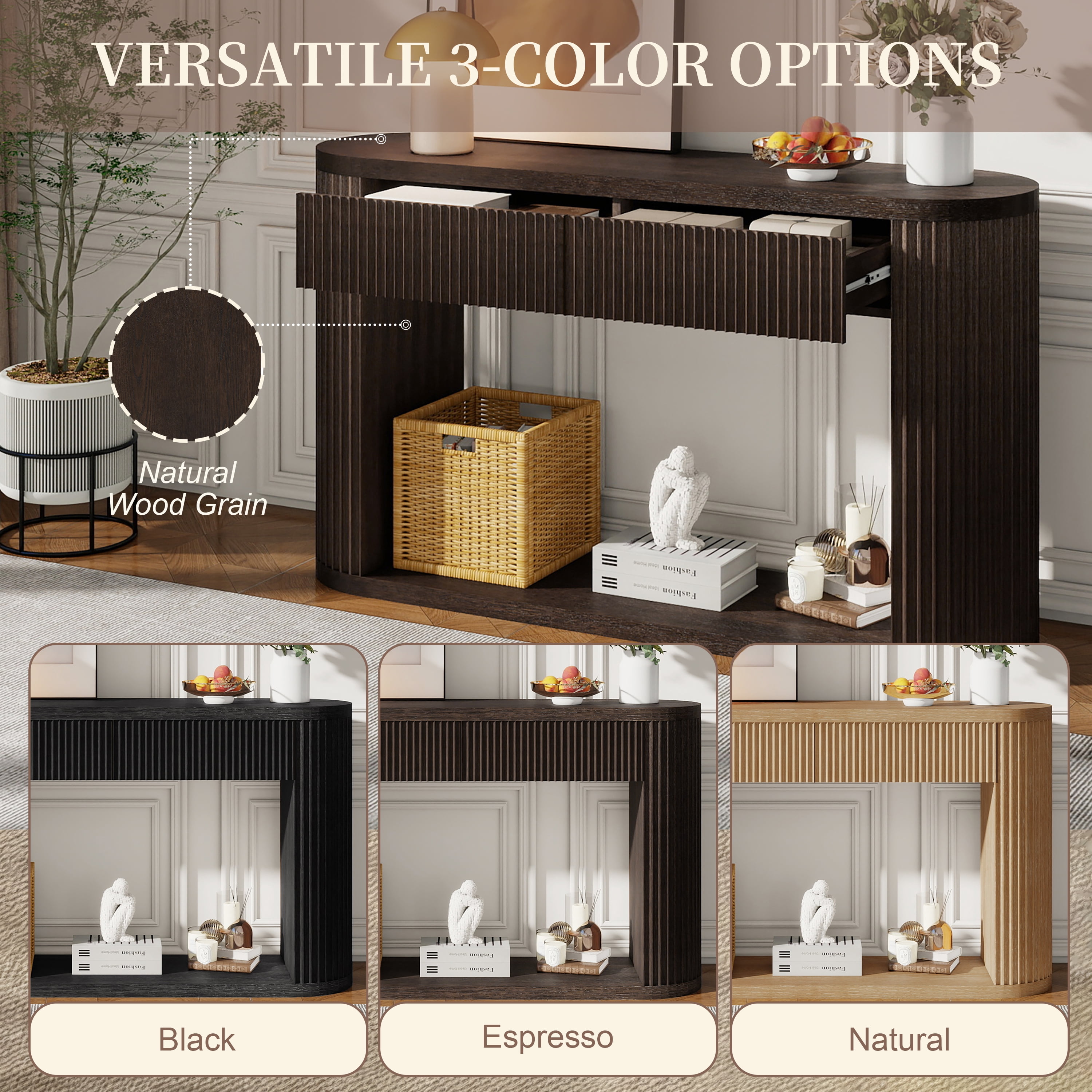 Oval Fluted Console Table with 2 Drawers and Bottom Shelf, Wood Entryway Table with Smooth Metal Slides for Living Room, Entryway