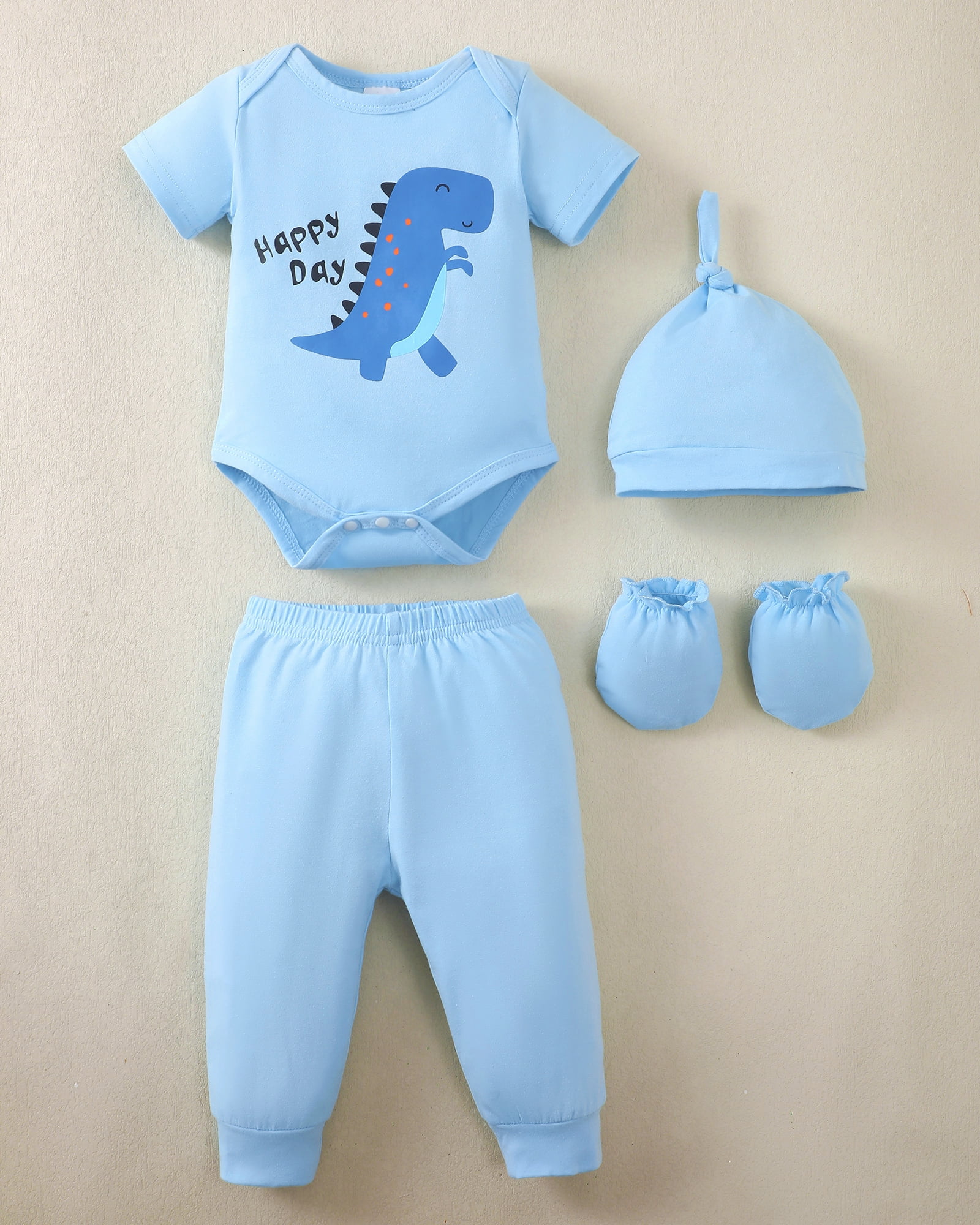 KIMI BEAR Newborn Baby Boys Layette Set 6-12 Months Shower Gift 4-Packs Pant Sets Romper Set Short Sleeves Long Sleeves Romper Dinosaur Print Clothes with Hats and Gloves 15pcs Clothes Blue