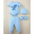 thumbnail image 2 of KIMI BEAR Newborn Baby Boys Layette Set 0-3 Months Shower Gift 4-Packs Pant Sets Romper Set Short Sleeves Long Sleeves Romper Dinosaur Print Clothes with Hats and Gloves 15pcs Clothes Blue, 2 of 9