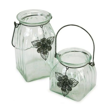 UPC 257554338916 product image for Set of 2 Tea Garden Hanging Glass Jar Pillar Candle Holders with Flower Charm Ac | upcitemdb.com
